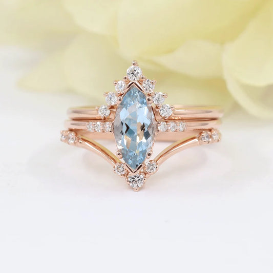 14K MARQUISE AQUAMARINE RING DIAMOND CHEVRON BAND 3 RING SET