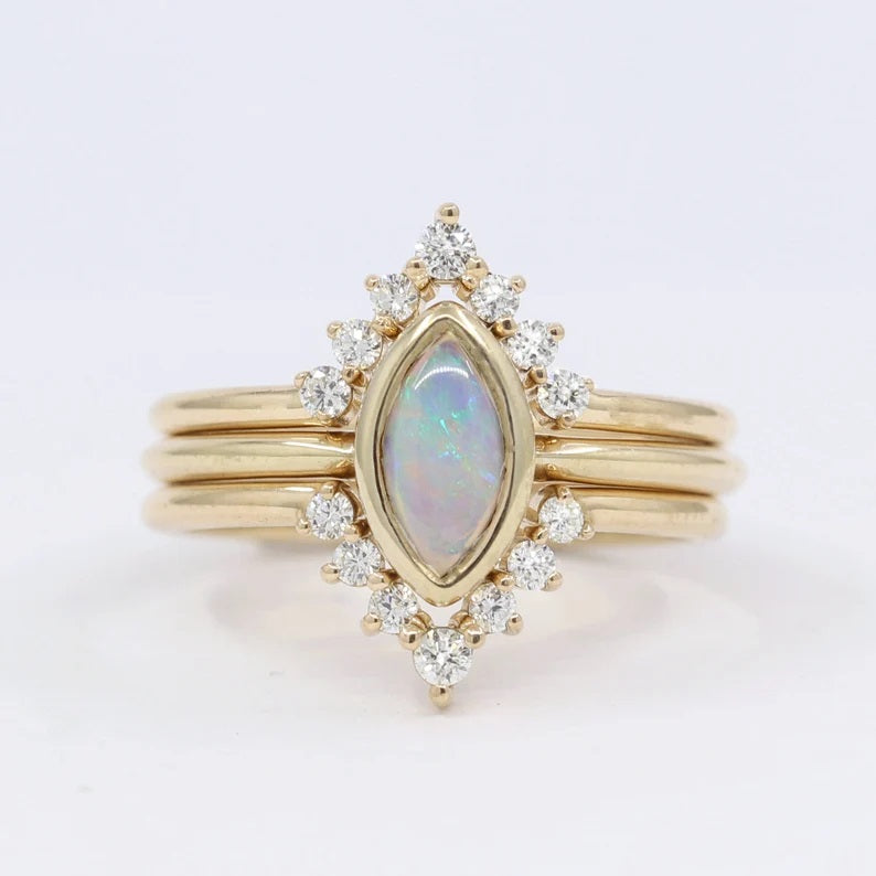 14K OPAL BEZEL DIAMOND V BAND 3 RING SET