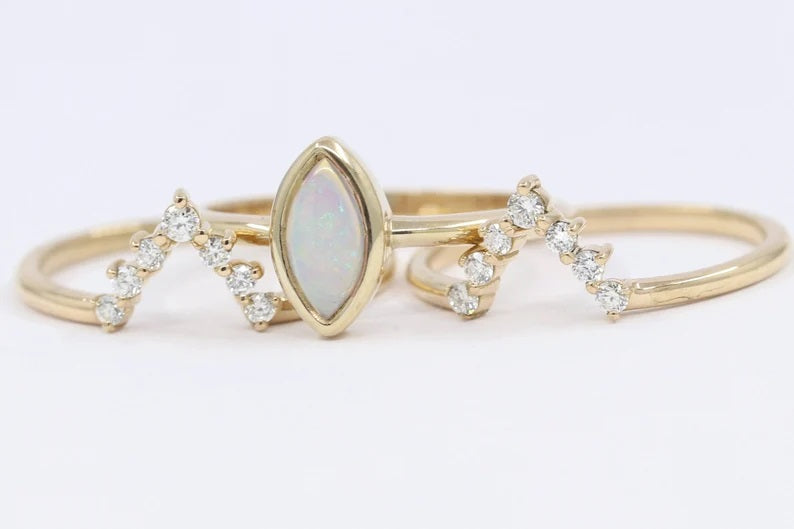 14K OPAL BEZEL DIAMOND V BAND 3 RING SET