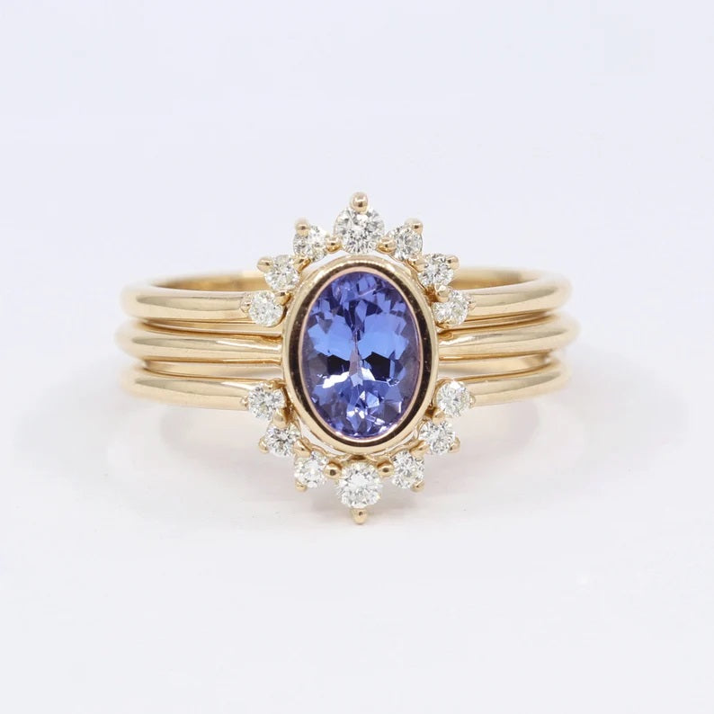 14K TANZANITE BEZEL DIAMOND CROWN BAND 3 RING SET