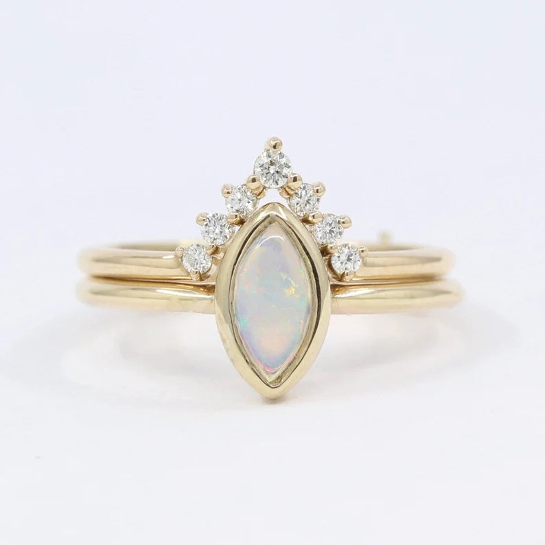 14K MARQUISE OPAL BEZEL DIAMOND V BAND 2 RING SET