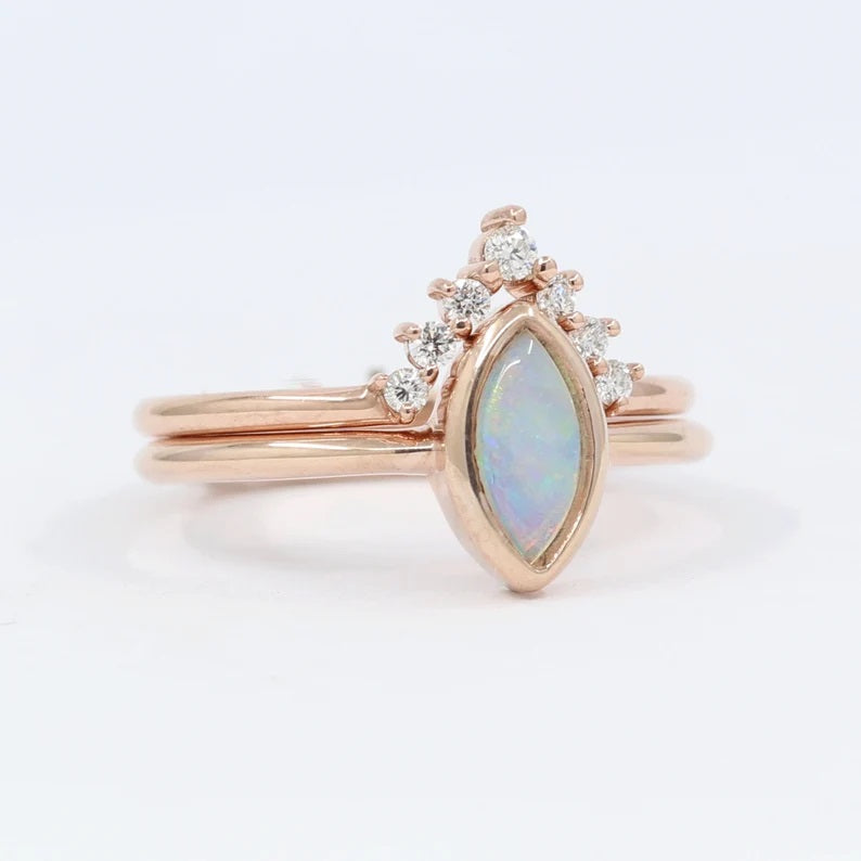 14K MARQUISE OPAL BEZEL DIAMOND V BAND 2 RING SET