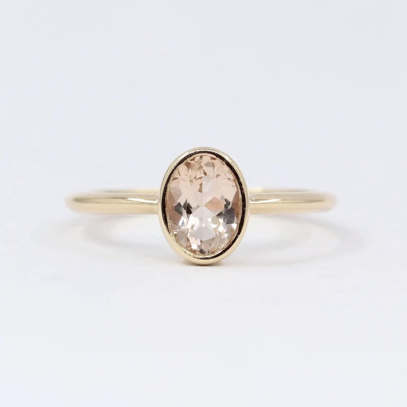 14K OVAL MORGANITE BEZEL SOLITAIRE RING