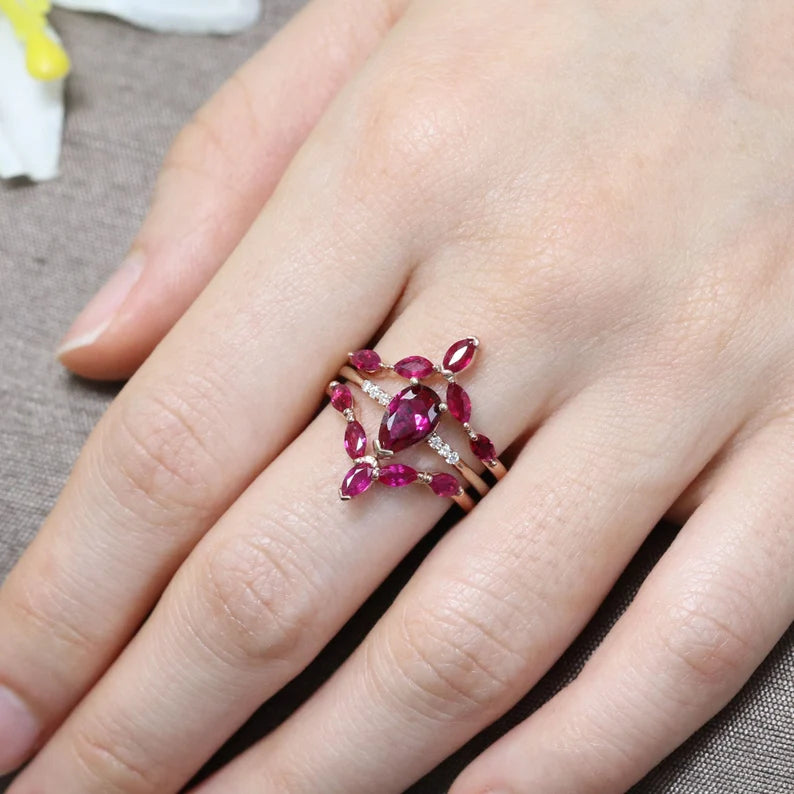 14K LAB RUBY BEZEL RING MARQUISE RUBY CHEVRON BAND 3 RING SET