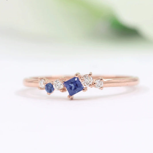 14K SQUARE SAPPHIRE DIAMOND CLUSTER BAND