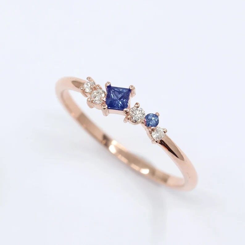 14K SQUARE SAPPHIRE DIAMOND CLUSTER BAND