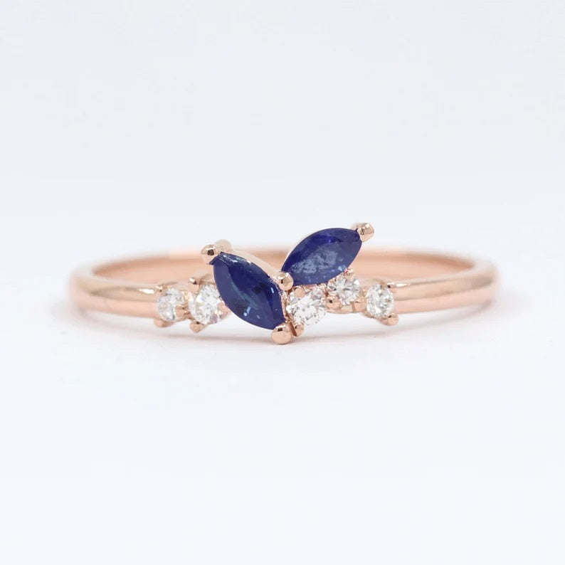 14K 2 MARQUISE SAPPHIRE DIAMOND CLUSTER BAND