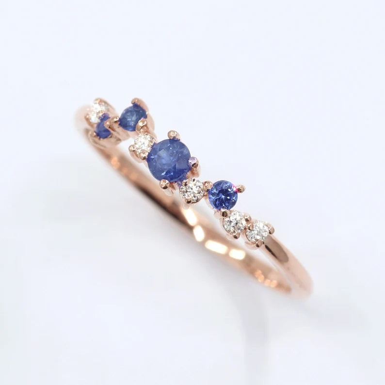 14K SAPPHIRE DIAMOND CLUSTER BAND