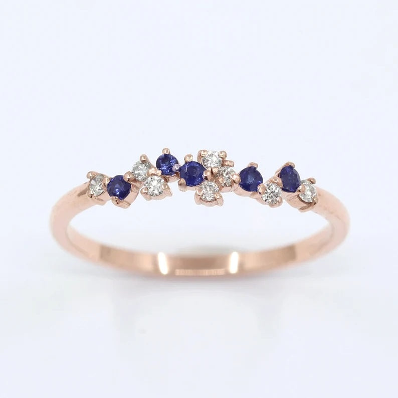 14K SAPPHIRE DIAMOND CLUSTER BAND