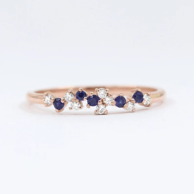 14K SAPPHIRE DIAMOND CLUSTER BAND