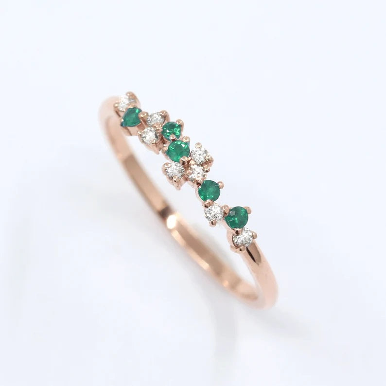 14K EMERALD DIAMOND CLUSTER BAND