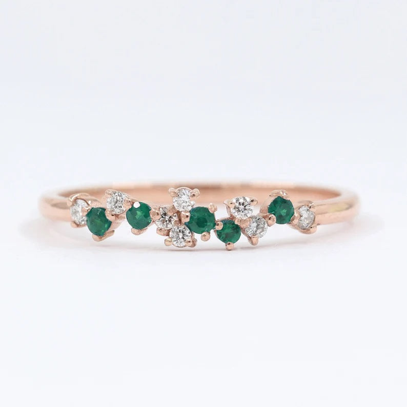 14K EMERALD DIAMOND CLUSTER BAND