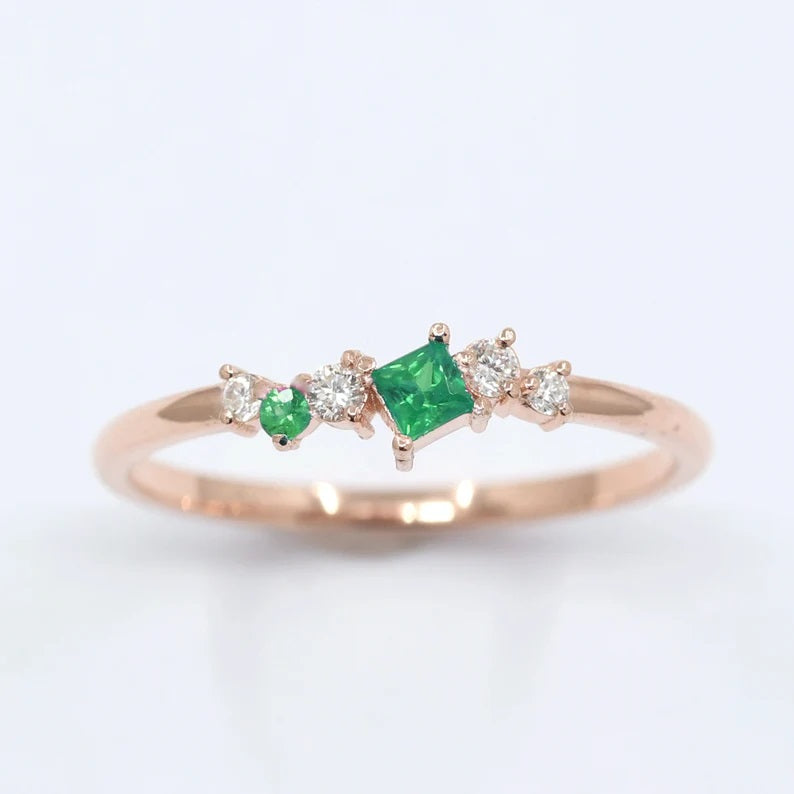 14K SQUARE EMERALD DIAMOND CLUSTER BAND