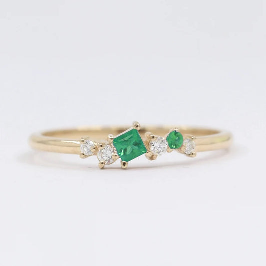 14K SQUARE EMERALD DIAMOND CLUSTER BAND