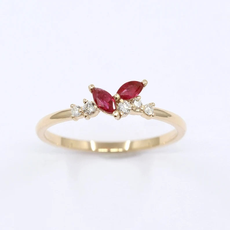 14K 2 MARQUISE RUBY DIAMOND CLUSTER BAND