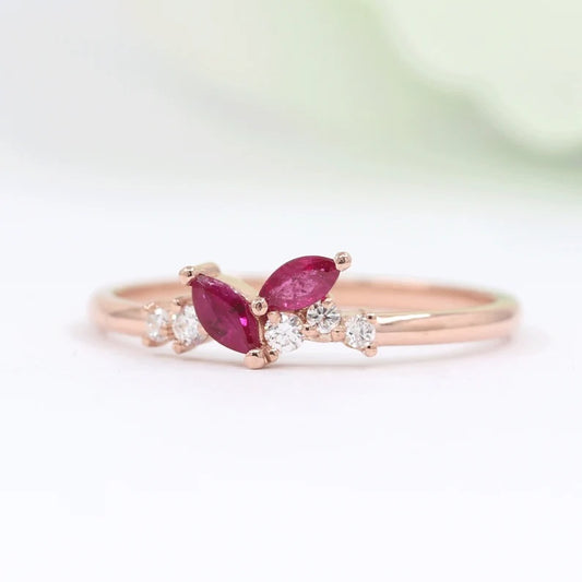 14K 2 MARQUISE RUBY DIAMOND CLUSTER BAND