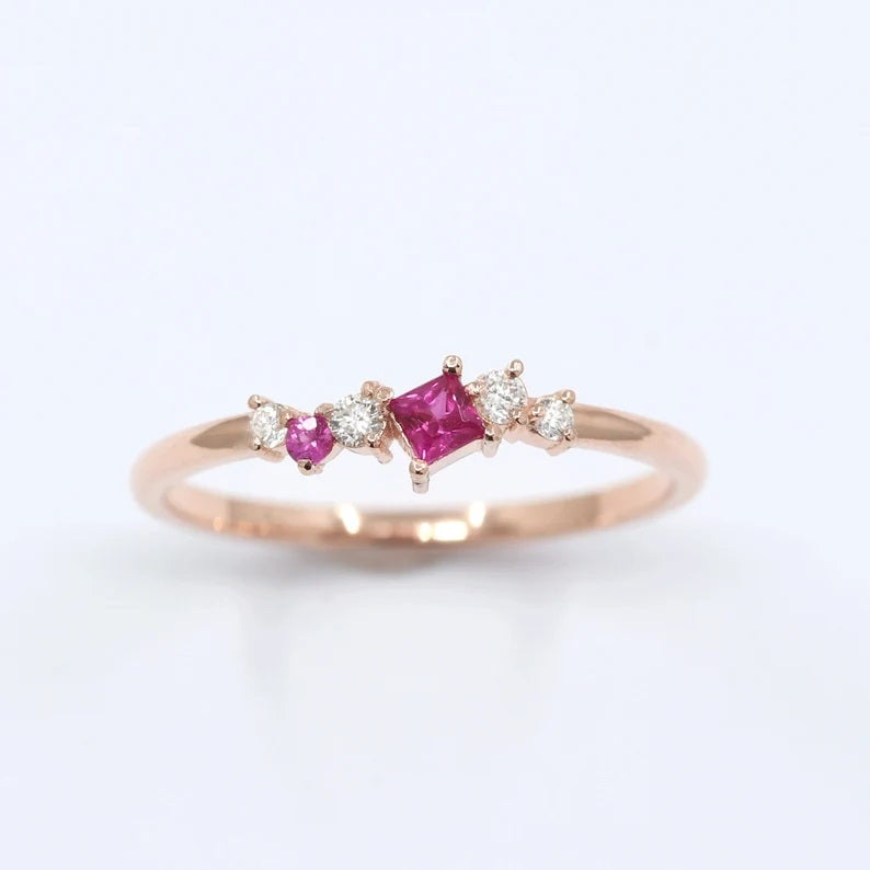 14K SQUARE RUBY DIAMOND CLUSTER BAND