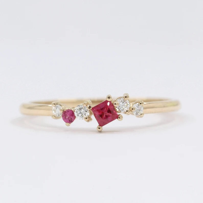 14K SQUARE RUBY DIAMOND CLUSTER BAND