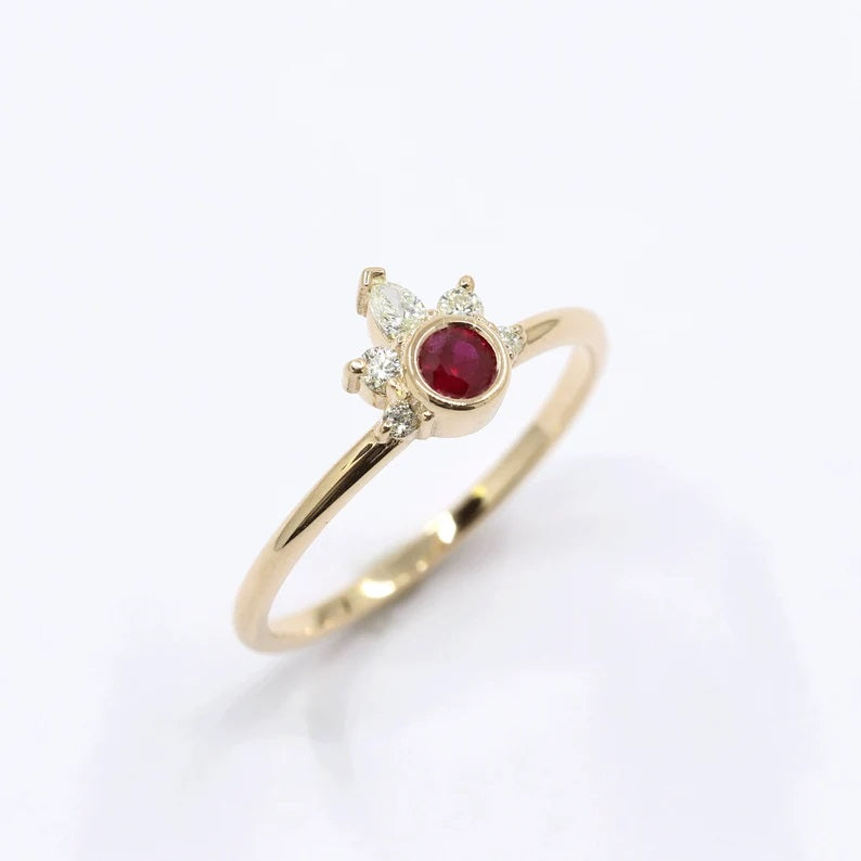 14K RUBY BEZEL DIAMOND CROWN RING