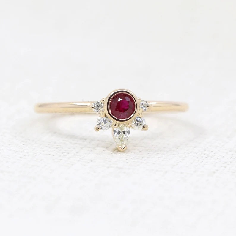 14K RUBY BEZEL DIAMOND CROWN RING