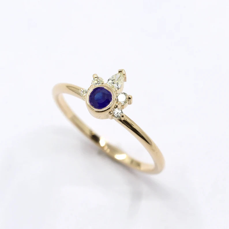 14K SAPPHIRE BEZEL DIAMOND CROWN RING