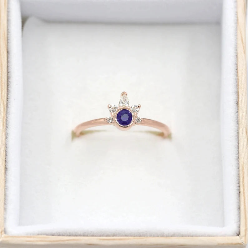 14K SAPPHIRE BEZEL DIAMOND CROWN RING