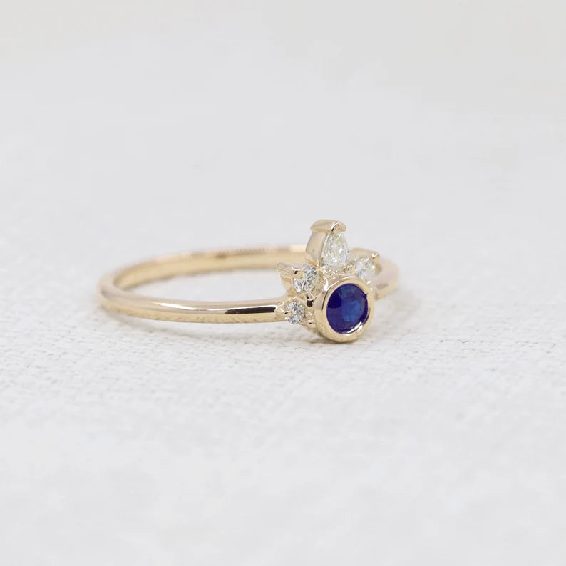 14K SAPPHIRE BEZEL DIAMOND CROWN RING