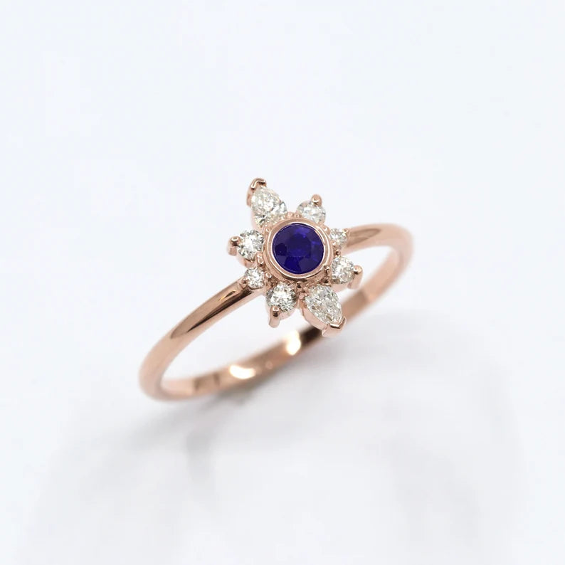 14K SAPPHIRE BEZEL DIAMOND FLOWER RING