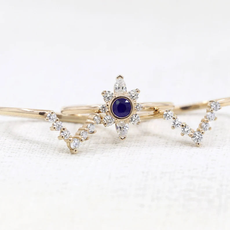 14K SAPPHIRE BEZEL FLOWER DIAMOND V BAND 3 RING SET