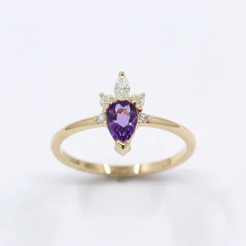 14K PEAR AMETHYST DIAMOND CROWN RING