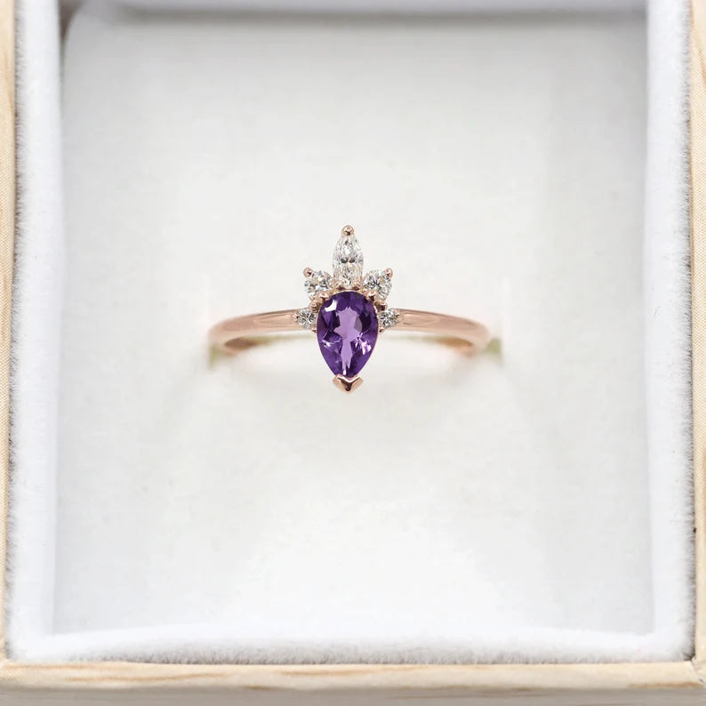 14K PEAR AMETHYST DIAMOND CROWN RING