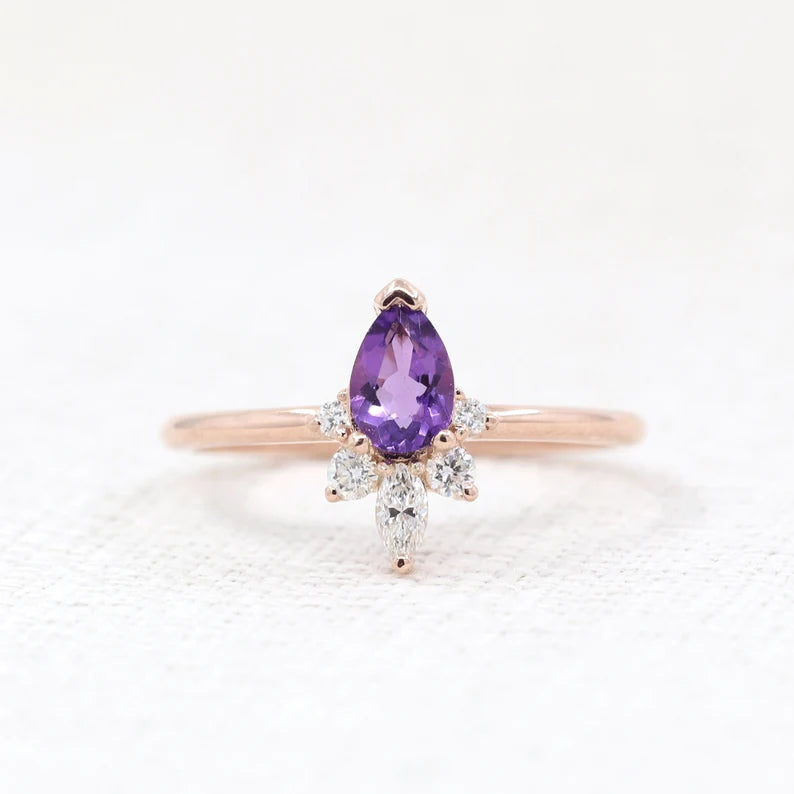 14K PEAR AMETHYST DIAMOND CROWN RING