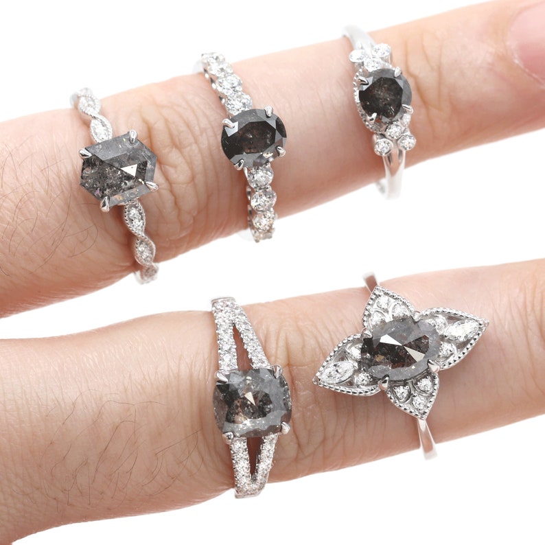 14K PEAR SALT AND PEPPER RING DIAMOND CROWN BAND 3 RING SET