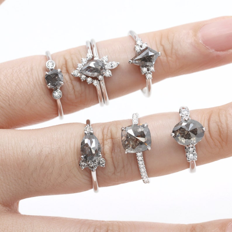 14K PEAR SALT AND PEPPER RING DIAMOND CROWN BAND 3 RING SET
