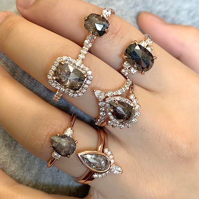 14K 0.98CT SALT AND PEPPER DIAMOND HALO RING BAND 2 RING SET