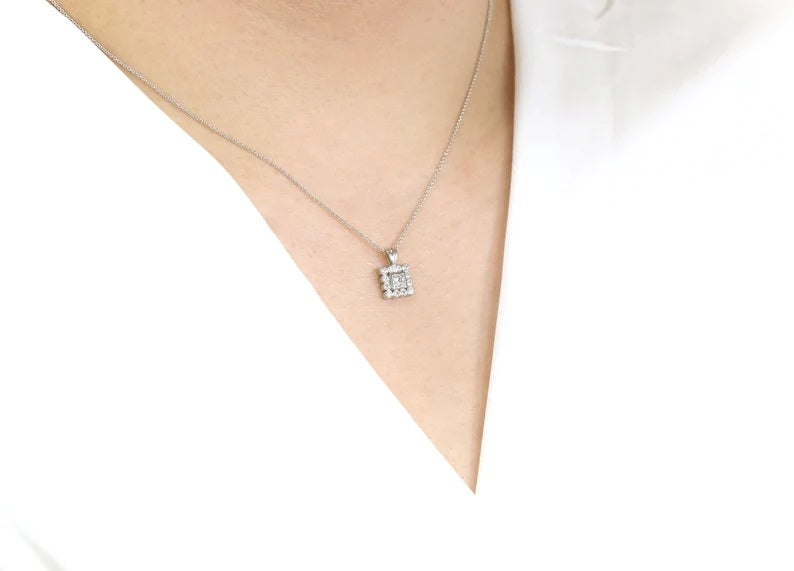 14K PRINCESS CUT SQUARE DIAMOND NECKLACE