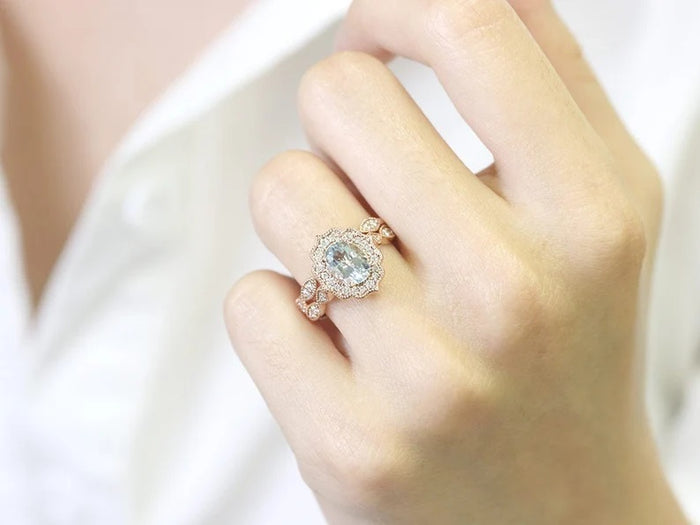14K AQUAMARINE DIAMOND FLORAL BRIDAL ENGAGEMENT RING
