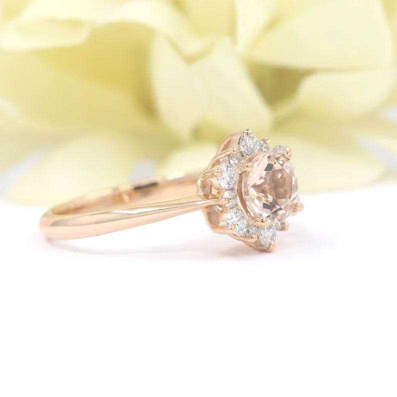 14K MORGANITE DIAMOND FLOWER RING