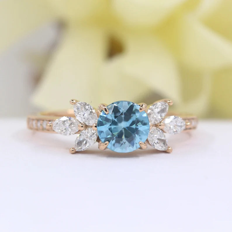 14K BLUE ZIRCON MARQUISE DIAMOND RING