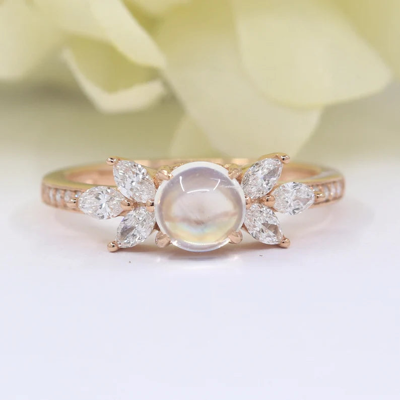 14K MOONSTONE MARQUISE DIAMOND RING