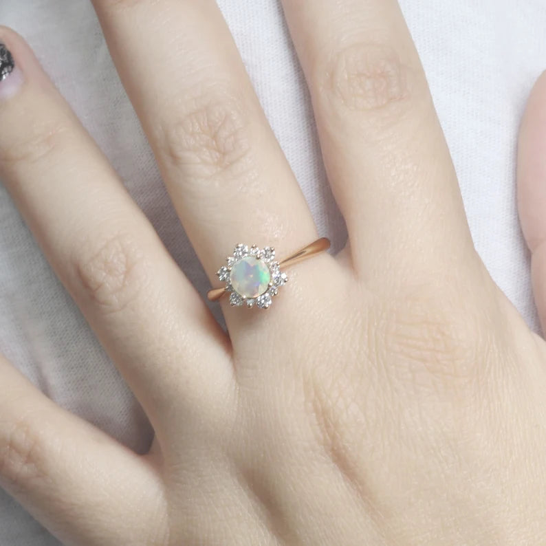 14K OPAL DIAMOND FLOWER RING