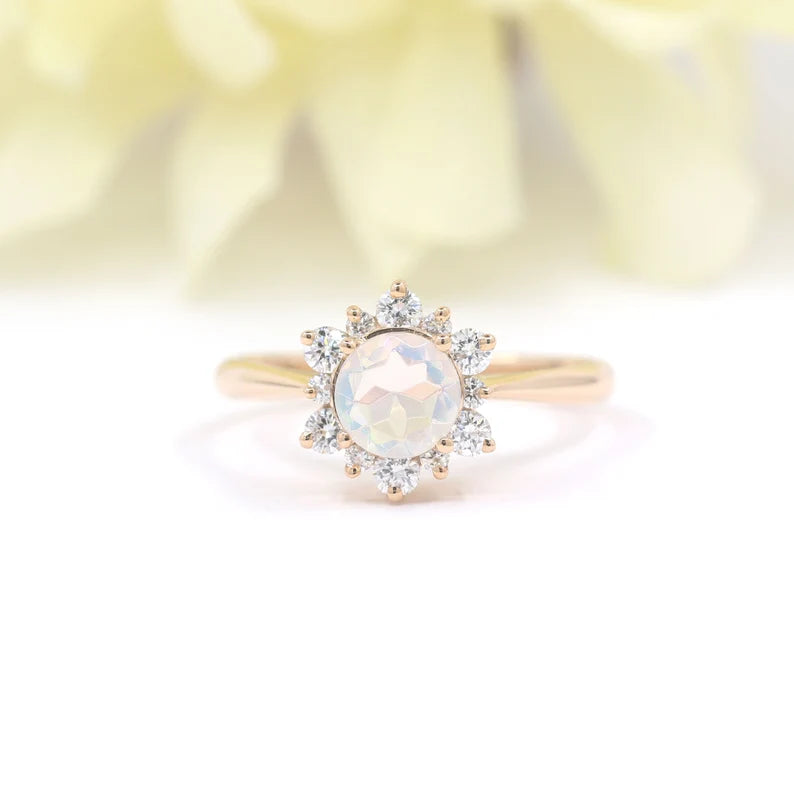 14K OPAL DIAMOND FLOWER RING