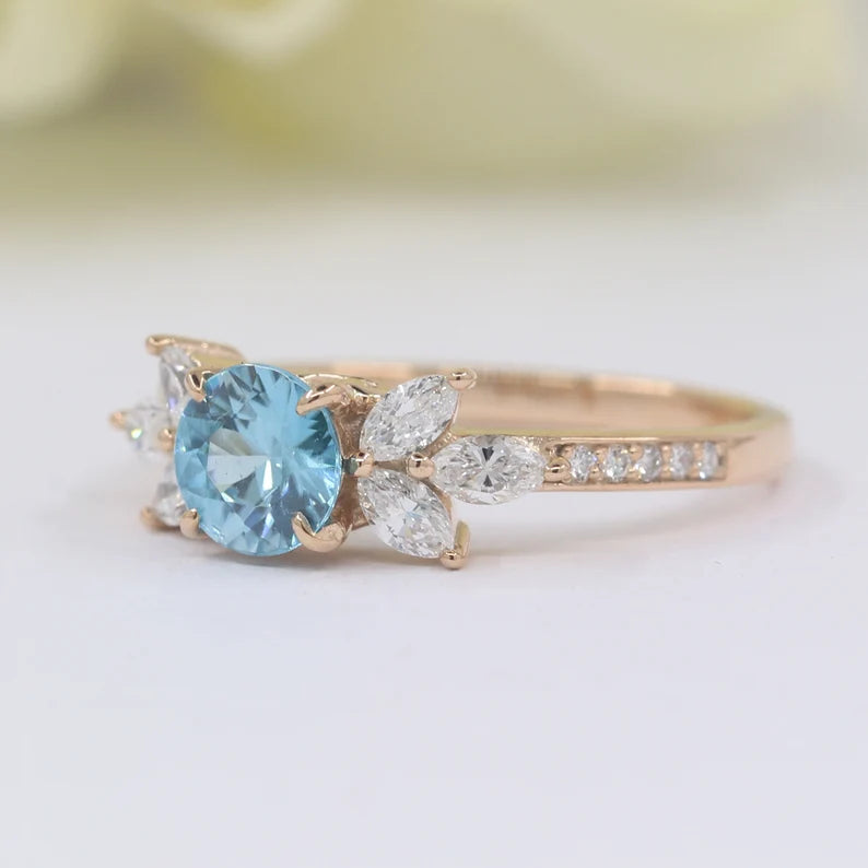 14K BLUE ZIRCON MARQUISE DIAMOND RING