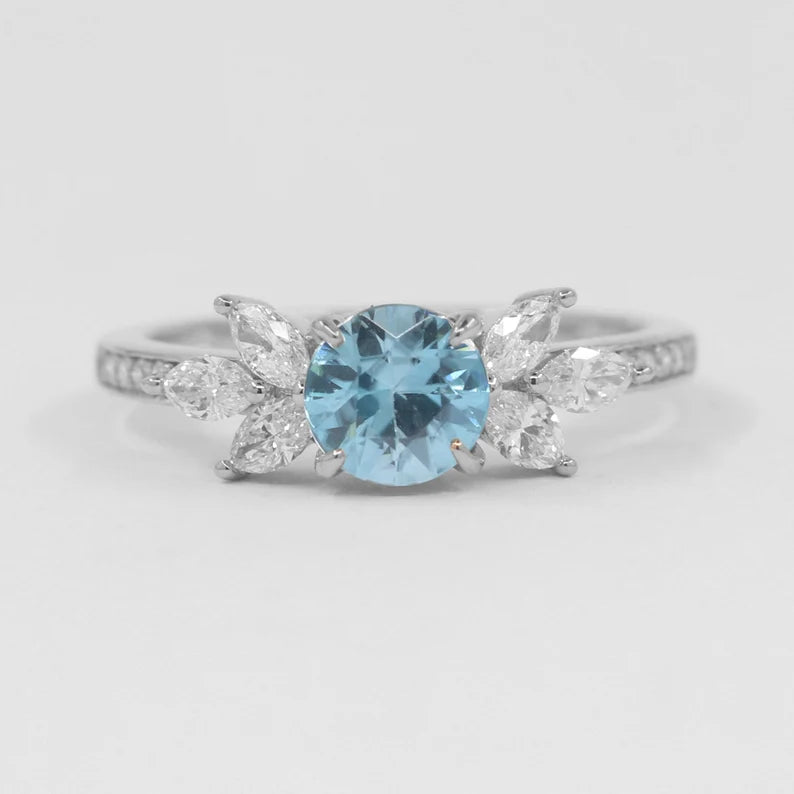 14K BLUE ZIRCON MARQUISE DIAMOND RING