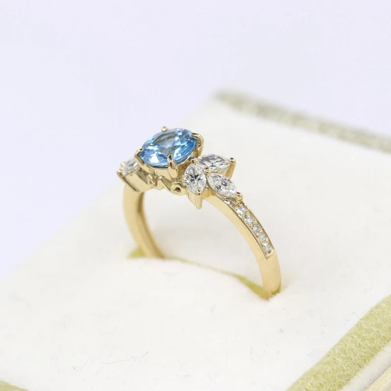14K BLUE ZIRCON MARQUISE DIAMOND RING