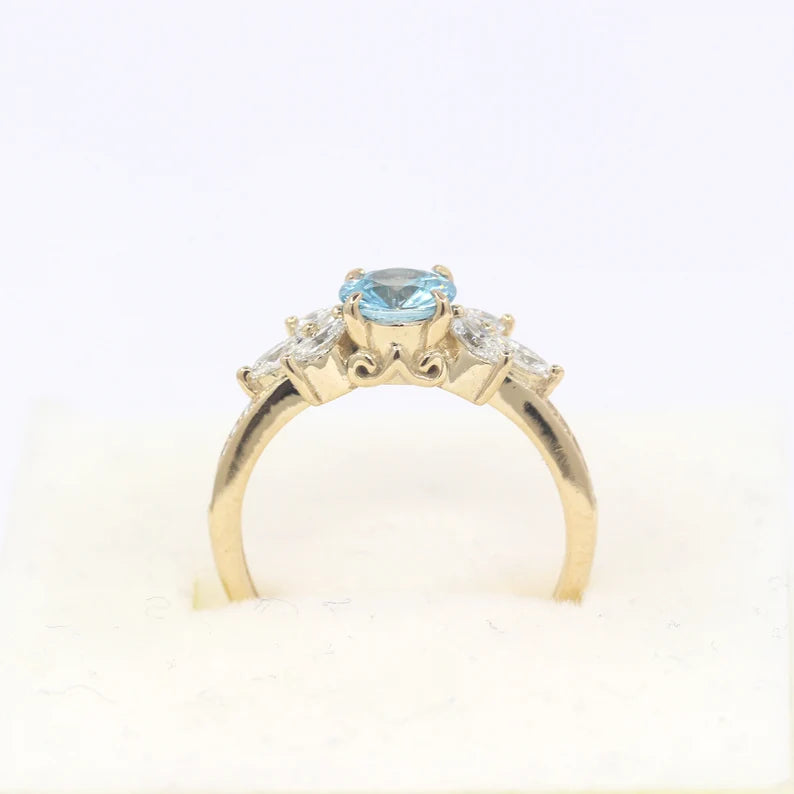 14K BLUE ZIRCON MARQUISE DIAMOND RING