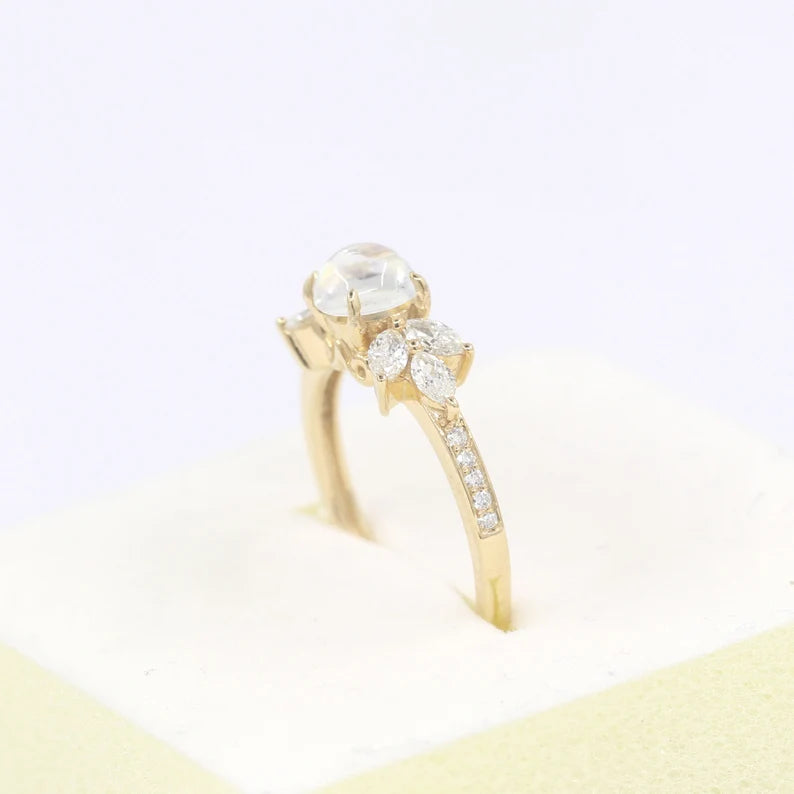 14K MOONSTONE MARQUISE DIAMOND RING