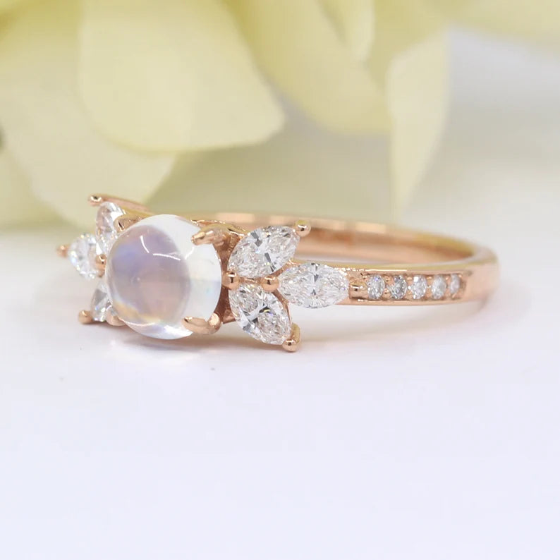 14K MOONSTONE MARQUISE DIAMOND RING