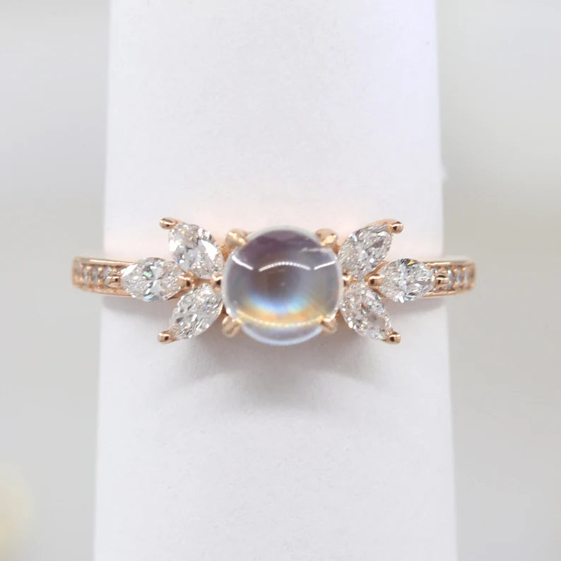 14K MOONSTONE MARQUISE DIAMOND RING