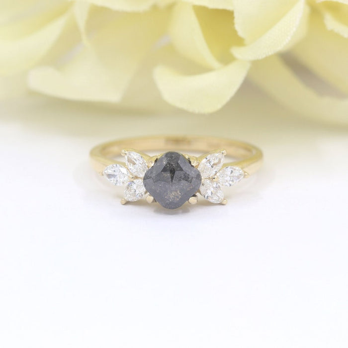 14K 1CT SALT AND PEPPER MARQUISE DIAMOND CLUSTER RING